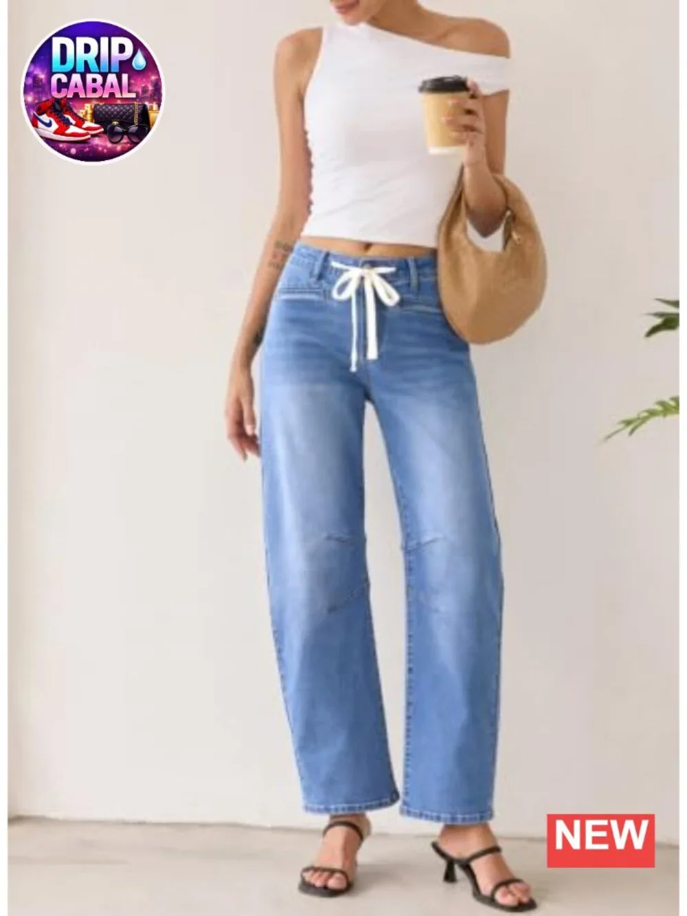Wide Leg High Waisted Stretchy Barrel Jeans Women Drawstring Ankle Denim
